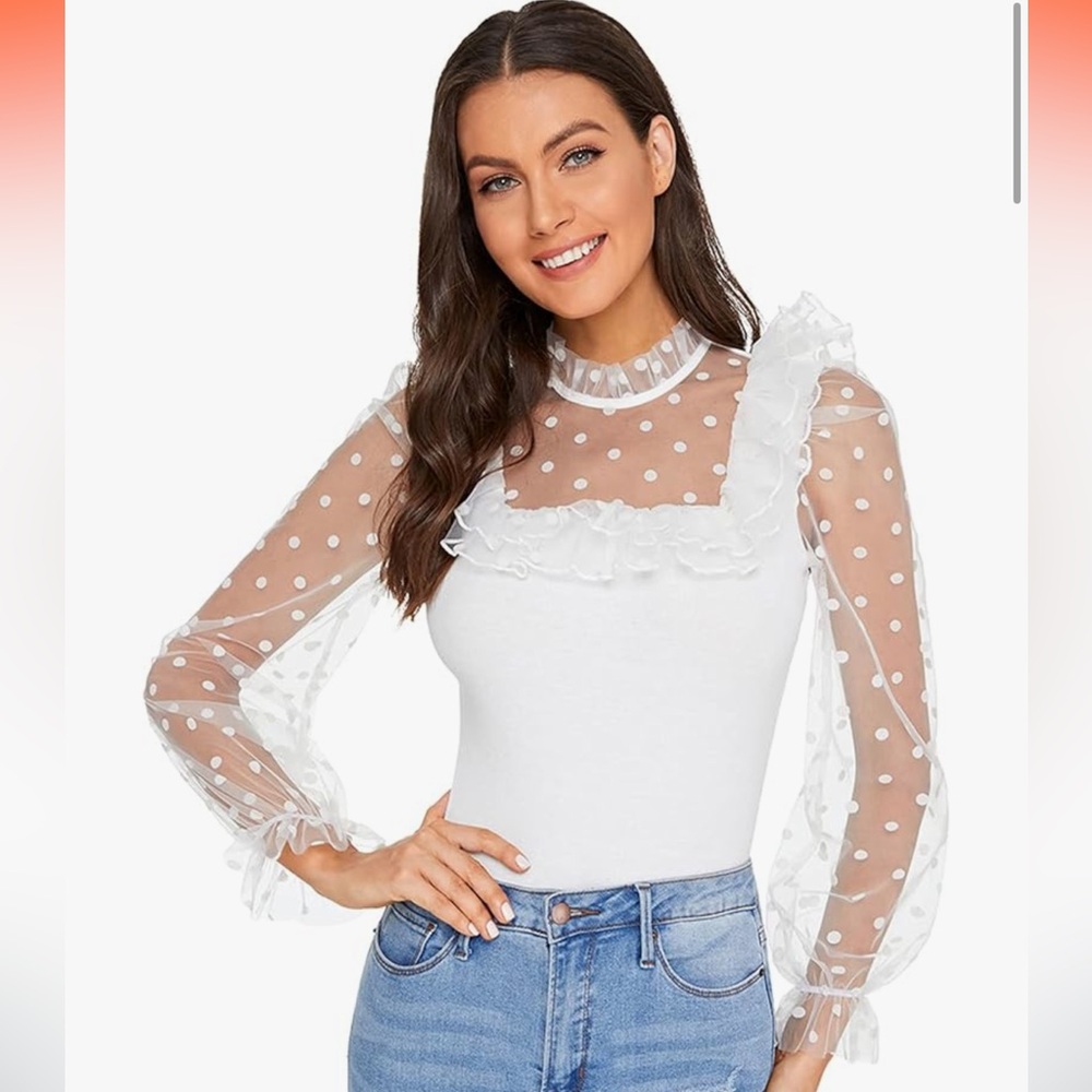 Women's Mesh Puff Sleeve High Neck Slim Fit Party Blouse Top White Plain